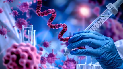 Dedicated scientist analyzing DNA sequences on advanced digital display for groundbreaking cancer research. Innovative laboratory equipment and detailed medical charts support complex genetic studies 