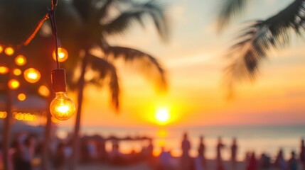 Friends gather on the beach at sunset, surrounded by palm trees and glowing lights, enjoying the vibrant end of the day together