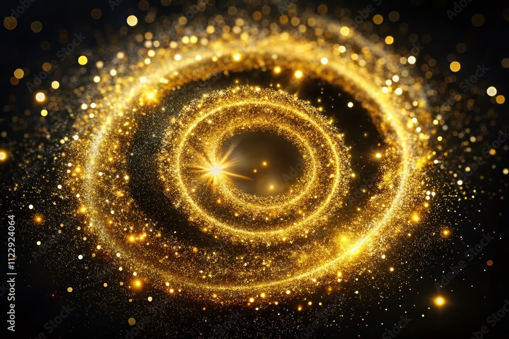 Poster enchanting gold glitter particle swirl circle effect creating a magical atmosphere with shimmering l