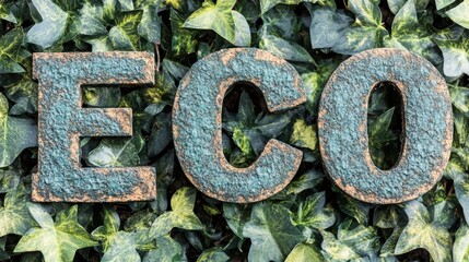 The word "ECO" crafted in textured, earthy letters placed against a lush green ivy background, symbolizing sustainability and nature.
