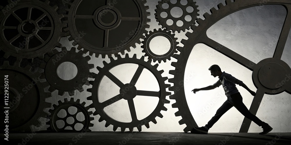 Poster a man is walking through a large gear with a shadow of him on it