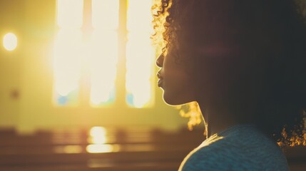 A woman stands in quiet prayer as sunlight streams through stained glass windows, creating a serene atmosphere in the church