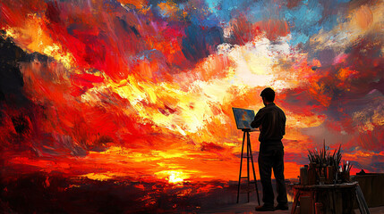 An artist painting a vibrant sunset, blending colors to convey the beauty and complexity of their emotions.