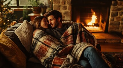 Obraz premium Couple wrapped in a blanket by a fireplace, enjoying warmth and coziness in a peaceful indoor setting