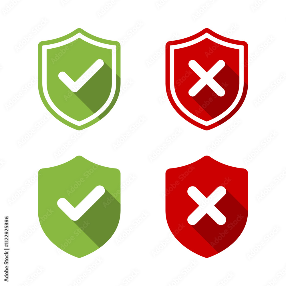 Poster shield with check and cross mark icon with long shadow. safe and unsafe sign symbol