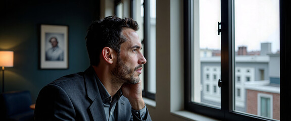 Fototapeta premium A man in a suit is sitting in front of a window, looking out at the city