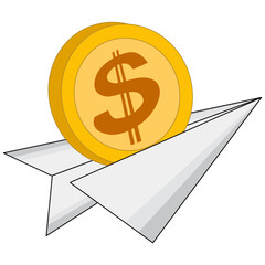 The paper airplane and coins. cartoon cute. business finance investment.  illustration