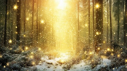 Magical winter forest bathed in golden light, covered in snow and sparkling with fairy lights.