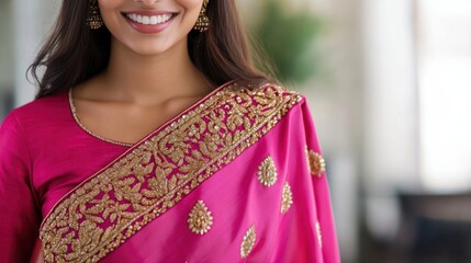 Close-up of a smiling woman in a bright pink sari with golden embroidery, standing confidently in a professional setting