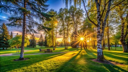 Fototapeta premium Enchanting Spring Night in a Serene Park with Sunbeams Filtering Through Spruce and Birch Trees, Capturing the Gentle Dance of Wind on Branches and Lush Green Lawns
