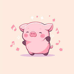 Cute Dancing Pig Cartoon with Musical Notes. Cute Pig Vector. Dancing Pig Vector.