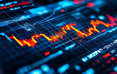 Close-up of a stock market chart displaying fluctuating data on a digital screen, showing lines, graphs, and numbers in red and blue.