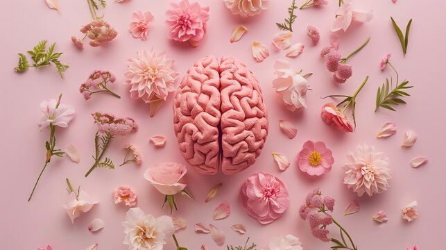 Human brain surrounded with various fresh flowers on pastel pink background. Creative positive thinking concept. Minimal Mental Health Awareness Month idea. Spring flower bloom. State of love