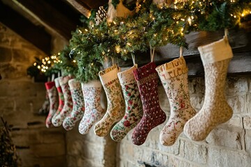 Fototapeta premium A row of Christmas stockings hung on a rustic mantelpiece with garlands and fairy lights draped above