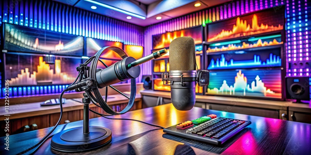 Poster engaging podcast banner featuring studio microphone and communication elements for webcast promotion