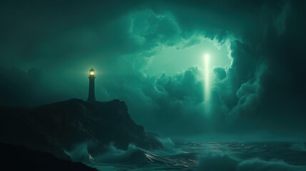 Fototapeta premium Leuchtturm in mystischer Landschaft mit Nordlichtern