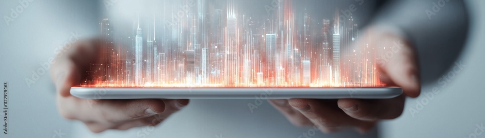 Poster a person holds a tablet displaying vibrant, glowing data visualizations, representing technology and