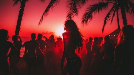Silhouetted woman dances at sunset beach party.
