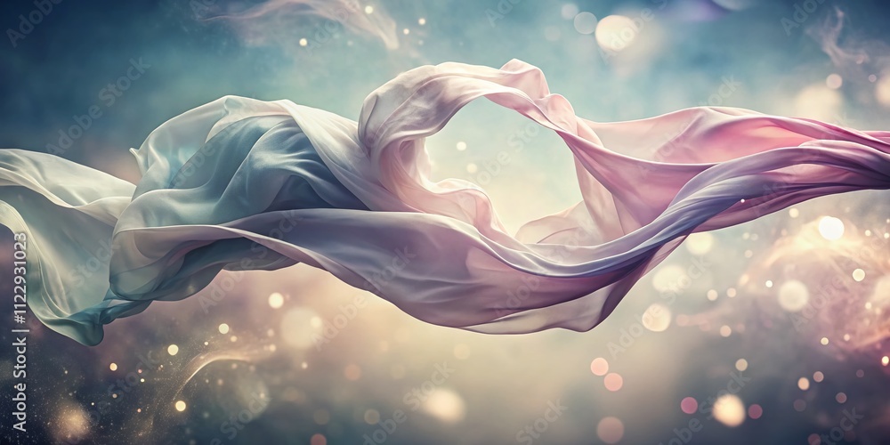 Poster ethereal motion of monochrome pastel fabric in flight with bokeh effect capturing the graceful flow 