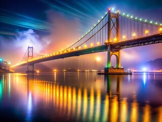 Ethereal Night Photography of a Bridge Enveloped in Mist with Captivating City Lights Reflected on the Water Beneath, Creating a Dreamlike Atmosphere