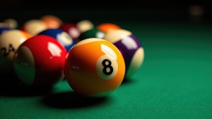 Close-up of Eight Ball on Pool Table with Blurred Background