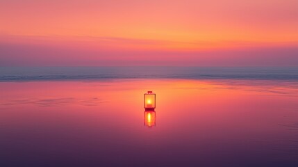 Sonnenuntergang &uuml;ber ruhigem See mit Laterne