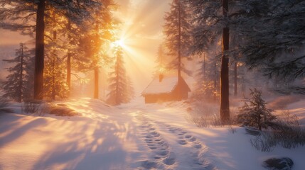 Sonnendurchfluteter Winterwald bei Sonnenaufgang