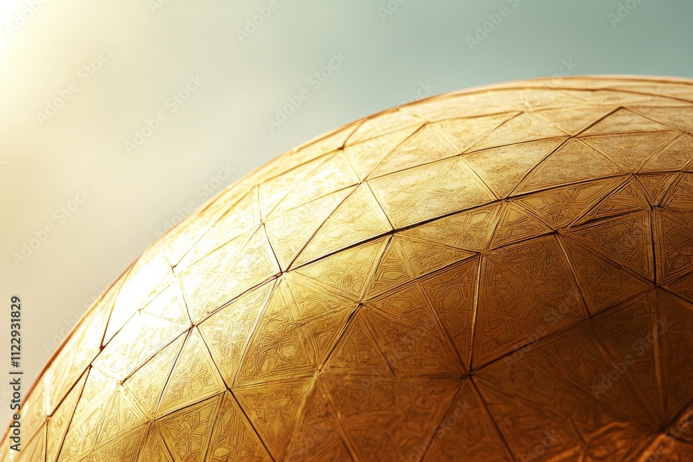 Poster golden geometric sphere under bright sky with subtle clouds highlighting textured patterns and refle