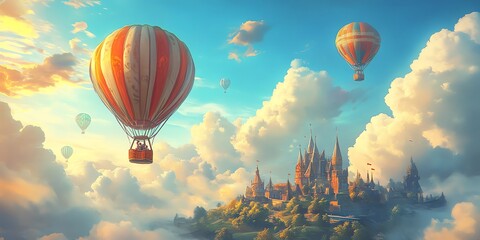 Fototapeta premium A whimsical scene featuring colorful hot air balloons floating above a fairytale castle.