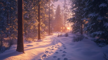 Verschneiter Waldpfad mit warmem Licht