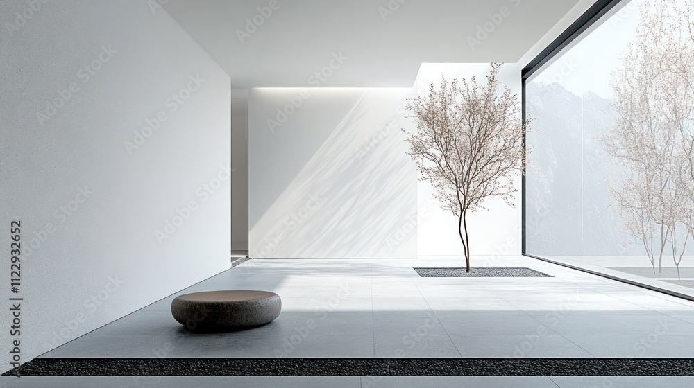 Poster a minimalist interior featuring a tree and a stone, emphasizing simplicity and tranquility.