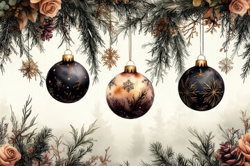 Watercolor Christmas Ornaments and Pine Cones Border Design, space for text, invitation template