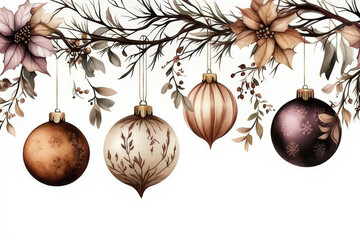 Watercolor Christmas Ornament Illustration with Fir Branches and Berries, space for text, invitation template