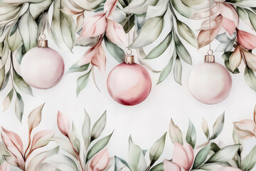Watercolor Christmas Ornament Illustration with Fir Branches and Berries, space for text, invitation template