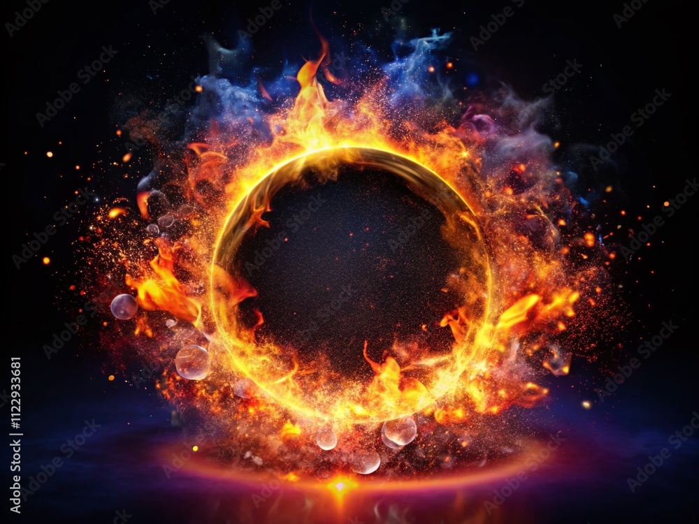 Poster explosive hot flaming circle with ember effects and colorful gases on black background ideal for tex