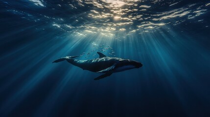 Blue whale swimming gracefully through the deep ocean with small fish accompanying it