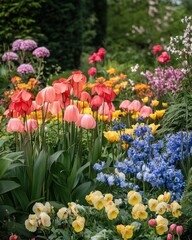 Obraz premium A vibrant garden filled with various colorful flowers in full bloom.
