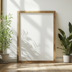 A mockup of an empty wooden frame with a blank white canvas, leaning against the wall in a minimalist-style room with plants and natural light

