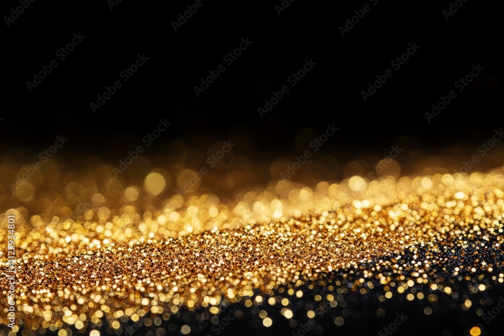 Poster shimmering gold glitter dust with bokeh effect on dark background for creative design and decorative