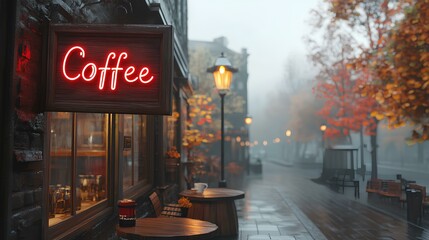 Cozy street cafe with neon coffee sign on a misty autumn morning