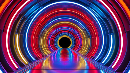 Glowing neon tunnel creating colorful light trails and reflections