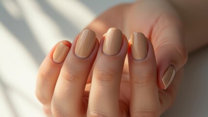 Naklejka premium Close up of a girl's hand with a neat manicure, nails in Mocha Mousse color. White background, shadows on the background
