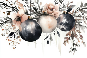 Watercolor Christmas Ornament Illustration with Fir Branches and Berries, space for text, invitation template