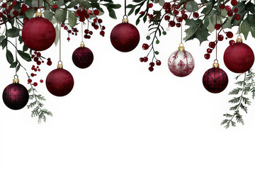 Watercolor Christmas Ornament Illustration with Fir Branches and Berries, space for text, invitation template