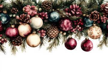 Watercolor Christmas Ornaments and Pine Cones Border Design, space for text, invitation template