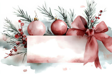 Watercolor Christmas Ornament Illustration with Branches and Berries, space for text, christmas invitation template