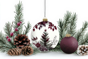 Watercolor Christmas Ornament Illustration with Fir Branches and Berries, space for text, invitation template
