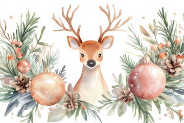 Watercolor Winter Floral Pattern with a Cute Deer