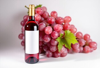 Obraz premium A Bottle of Red Wine Next to a Bunch of Fresh Grapes on a Plain White Backdrop