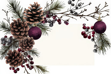 Watercolor Christmas Ornaments and Pine Cones Border Design, space for text, invitation template
